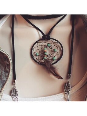 Black Bohemian Dreamcatcher Necklace wrap. Turquoise Accent on leather w/feather
